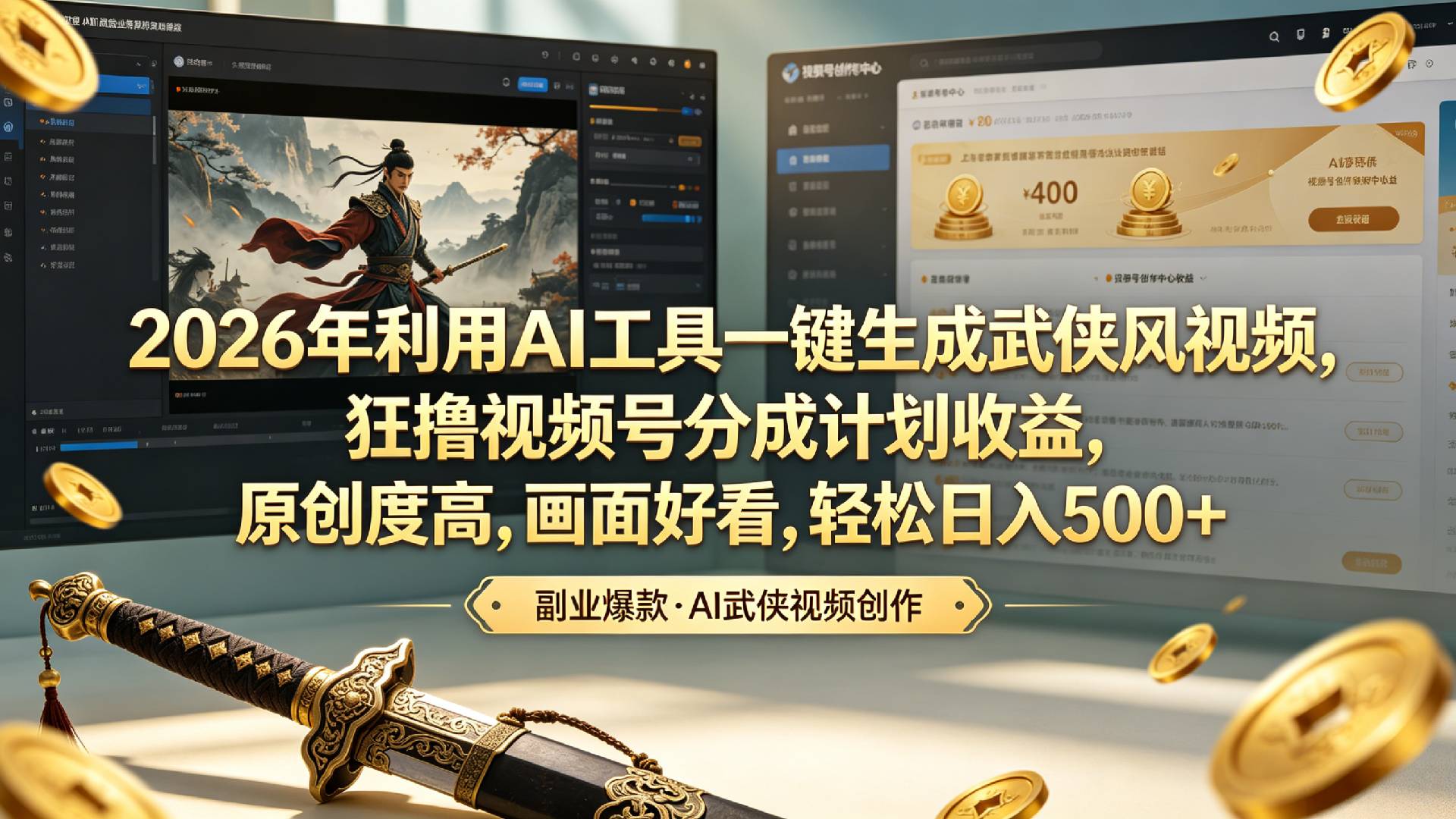 2026年利用AI工具一键生成武侠风视频，狂撸视频号分成计划收益，原创度高，画面好看，轻松日入500+-盛洪云创-网创项目资源站-副业项目-创业项目-搞钱项目盛洪云创